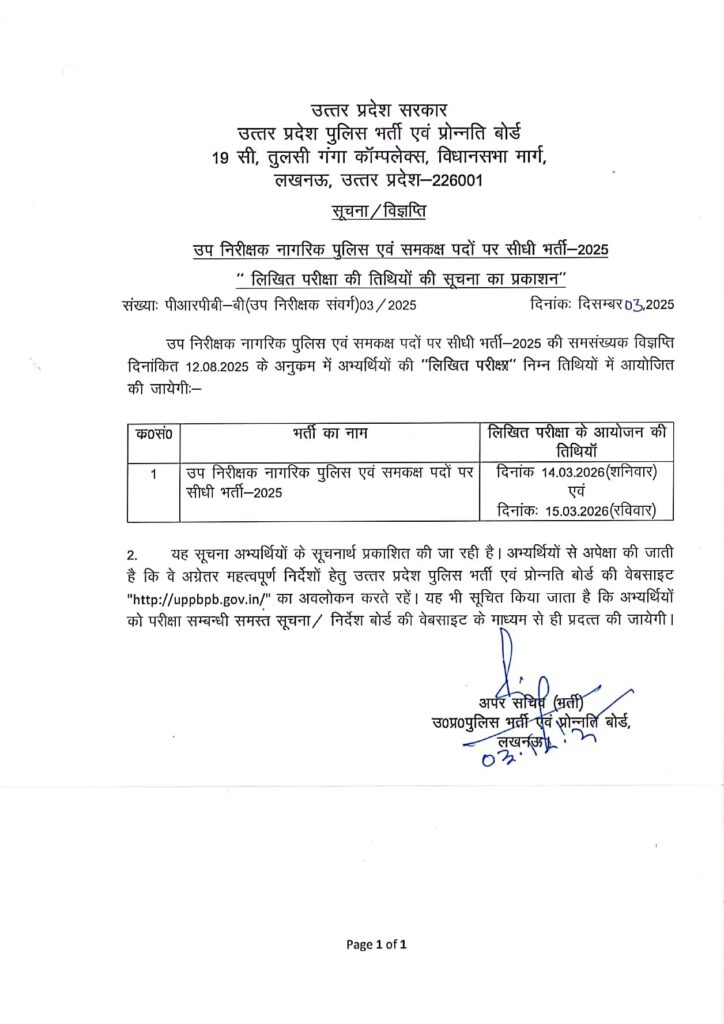 UP SI Exam Date Out 2025